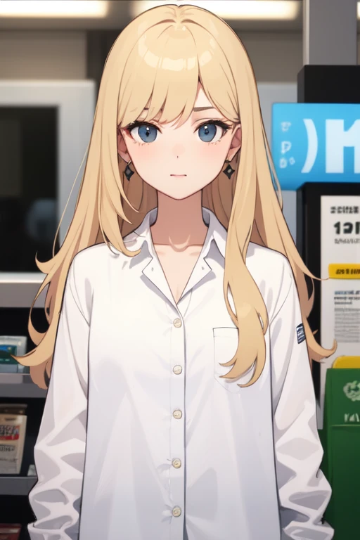 ((Highest quality)), ((masterpiece)), (detailed), One girl
Inside a convenience store high school girl Bad look in the eyes Earrings White shirt Blonde black eye Long Hair