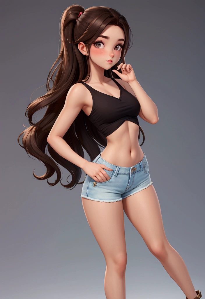 4K, Masterpiece, highres, absurdres,
1girl, solo, long hair, breasts, looking at viewer, skirt, brown hair, black hair, navel, brown eyes, jewelry, earrings, detached sleeves, midriff, pants, grey background, necklace, lips, crop top, tank top, denim, jeans, realistic, fashion, denim skirt, wearing edgWhaleTail, visible thong
<lora:edgWhaleTail1:0.8>