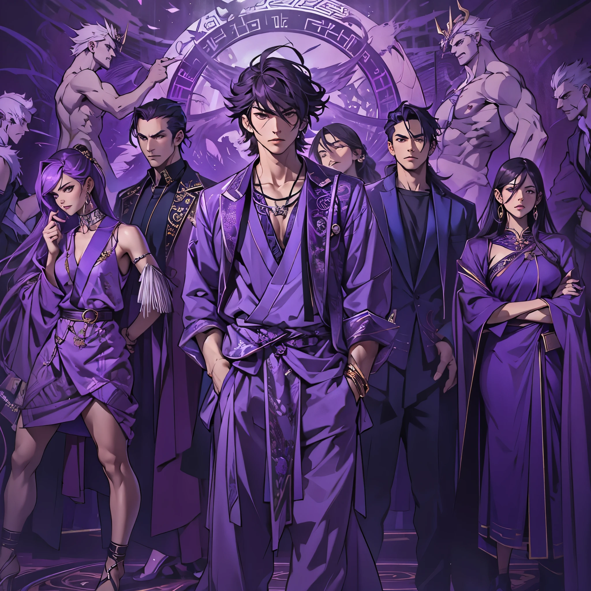 In the image of a MBTI debater、Several men and women dressed in purple。Intimidating aura。Stylish and cool、Pose like a fashion model。The background is original and creative、In a Greek mythological atmosphere。