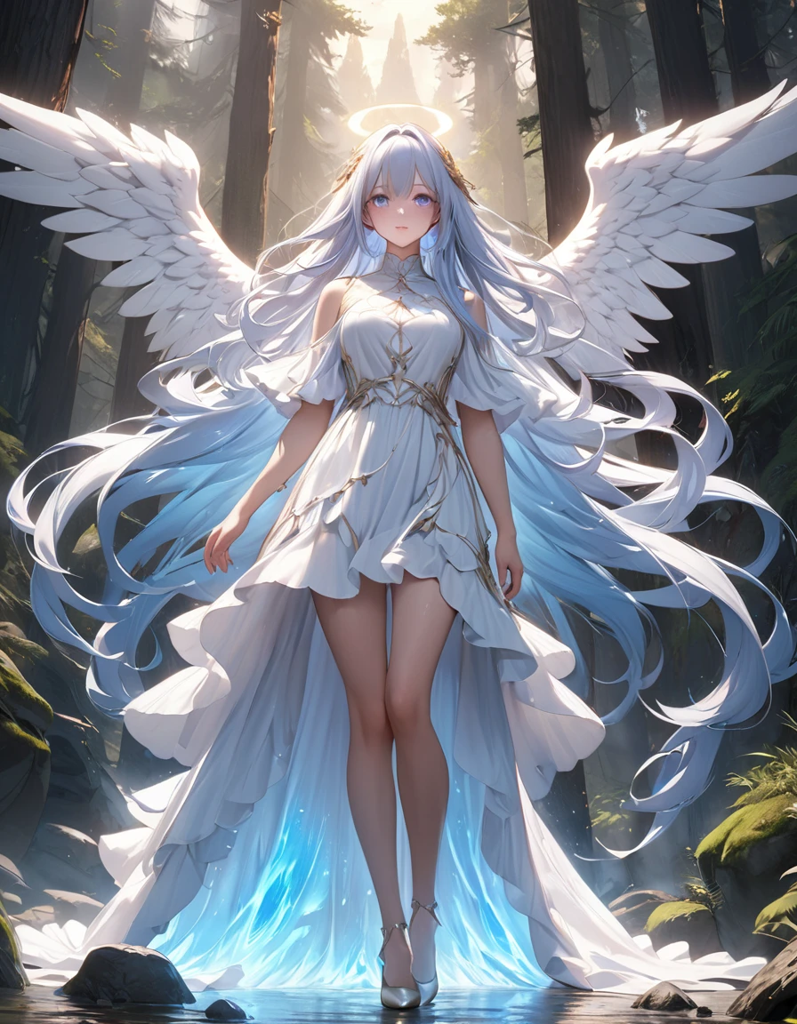 masterpiece, Highest quality, Ultra-realistic, Ultra-detailed, 8k resolution, Angel with aura、Shining Eyes、Luminous long hair、Huge, heavy, drooping wings、wilderness、cloudy、