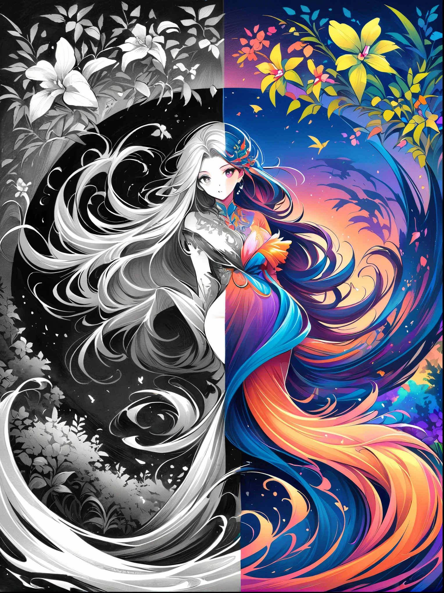 ((Inspired by Tomasz Jedruszek)), (1 Dancer:1.3), Floating clothes, Flowing hair,Dynamic poses,
forest,orchid,Artwork should be in pencil sketch style,Transition from black and white on the left half to bright colors on the right half,Ensure seamless integration between the two halves,No dividing line,The scene is the same on both sides,Black and white pencil detail on left side,Right fill color,The mixture formed in the whole image,Perfect details, Strong contrast between light and dark