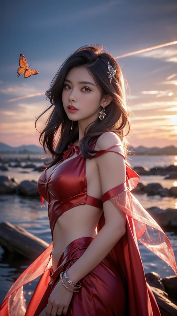 8K, ultra hd, masterpiece, hd colors, 1 girl, perfect face, very long curly hair, detailed eyes, detailed dress, ((red anddress)), stocking, flower lace, ((mesh ribbon)), sardine, straps, net clothing, loops, ((flowing cape)), bare navel, jwellery, waterside, Realistic scenery, epic scenery, sun rising, night, clouds, Butterfly, blossom, blowing wind, perfect pose, ray tracing, bloom, upper body,
