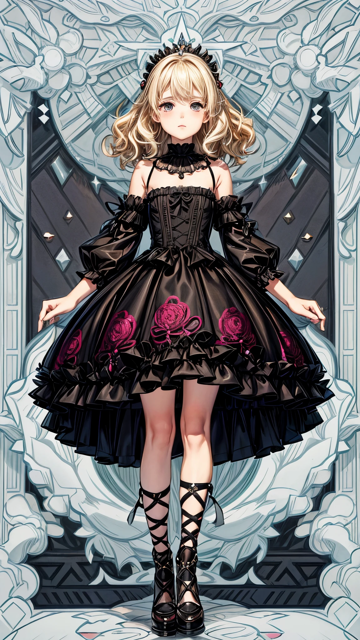 Sophia, the Middle Sister Physical Description:
Sophia is an intriguing figure with blonde hair in a Chanel style., voluminous and wavy, that fall just above the shoulders. she has 1,67 meters high, a slightly round face, rosy cheeks, a discreet nose, and a simple mouth. His green, almost brown eyes reveal a cunning depth..
Clothing:
She dresses in a gothic lolita style, with clothes richly decorated with ruffles and embroidery. Your dresses and skirts, in calm tones like pink, red and violet, reach just below the knees, and are combined with black low-heeled pumps (about 3cm) and white socks.
Personalidade:
Despite her sweet and graceful appearance, Sophia is the most insidious and dangerous of the five sisters. She uses her delicate image as a weapon, deceiving everyone around you. His true character is cold and calculating, capable of causing chaos with a soft smile on his lips.
Scenario:
Place Sophia in a scenario of civil chaos or public disorder, like a city in ruins, where the contrast between his appearance and the environment around him highlights his dangerous nature.