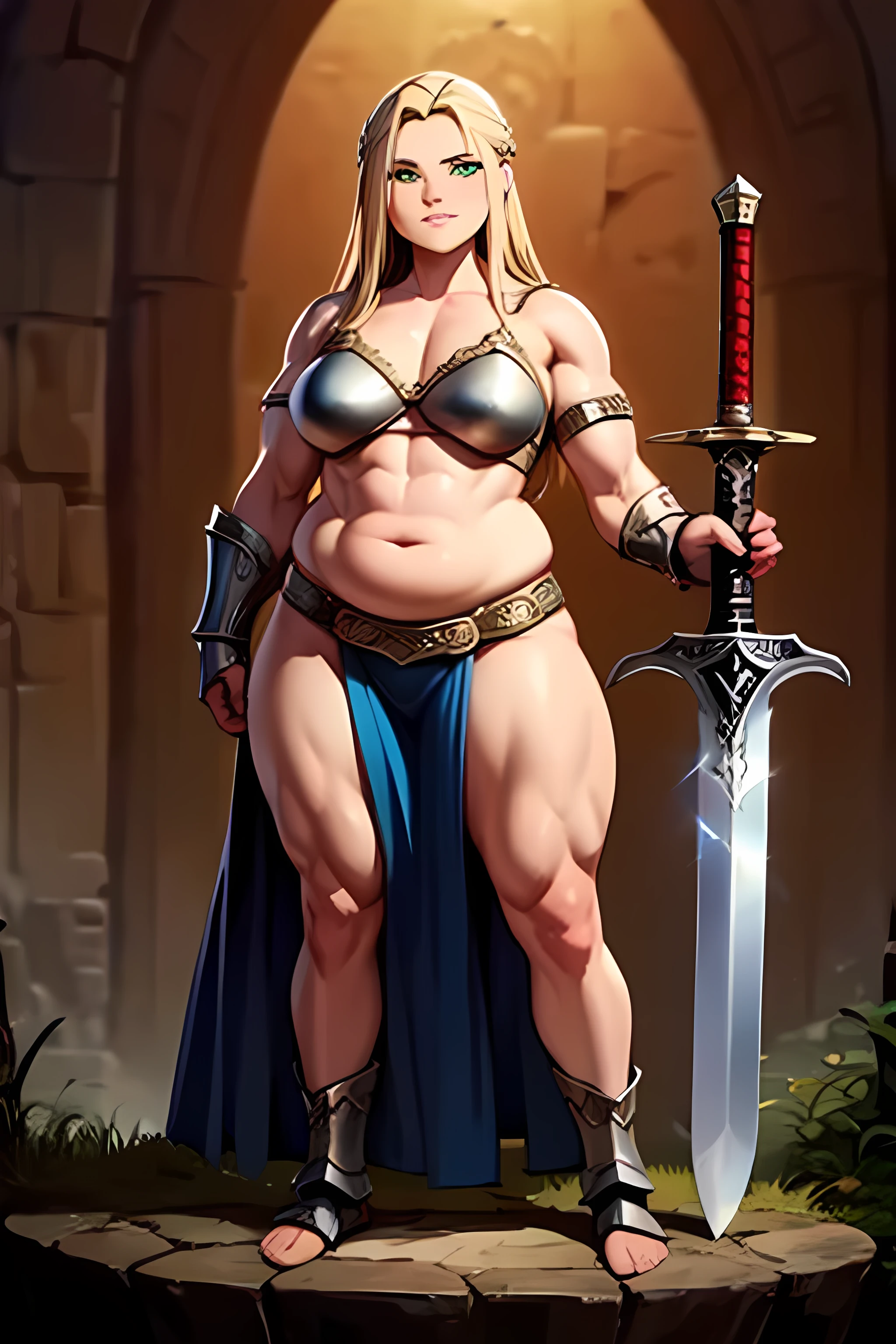 Chubby woman, blonde hair, green eyes, muscular legs and arms, warrior, Viking, big sword, fantasy style, silver armor