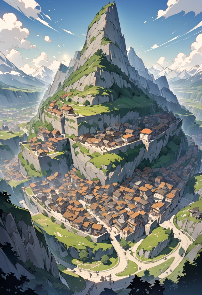 Landscape, top view distant view, surrounded by high mountains, a huge wall on the mouth of the valley, very large European style ancient city in the valley, densely packed houses, people coming and going in the streets, best quality, a masterpiece, cinematically lit, masterly
