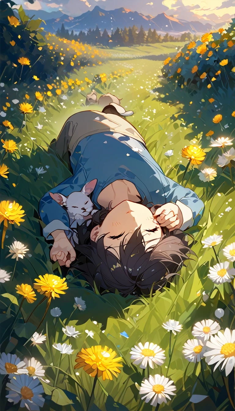 masterpiece, best quality, 8k, 4k, 1boy, kid, sleeping, dark blue hair with red stripes, blue long sleeve shirt, short pale brown pants with pocket, lay down on the field,  white puppy sleeping next to the boy, siberian white puppy, white dandelions fields, dandelions Taraxacum erythrosperm, wind blowing, sleeping on the fields, finely detailed eyes and detailed face, inspired by Asukaziye artist : ask, art style : ask