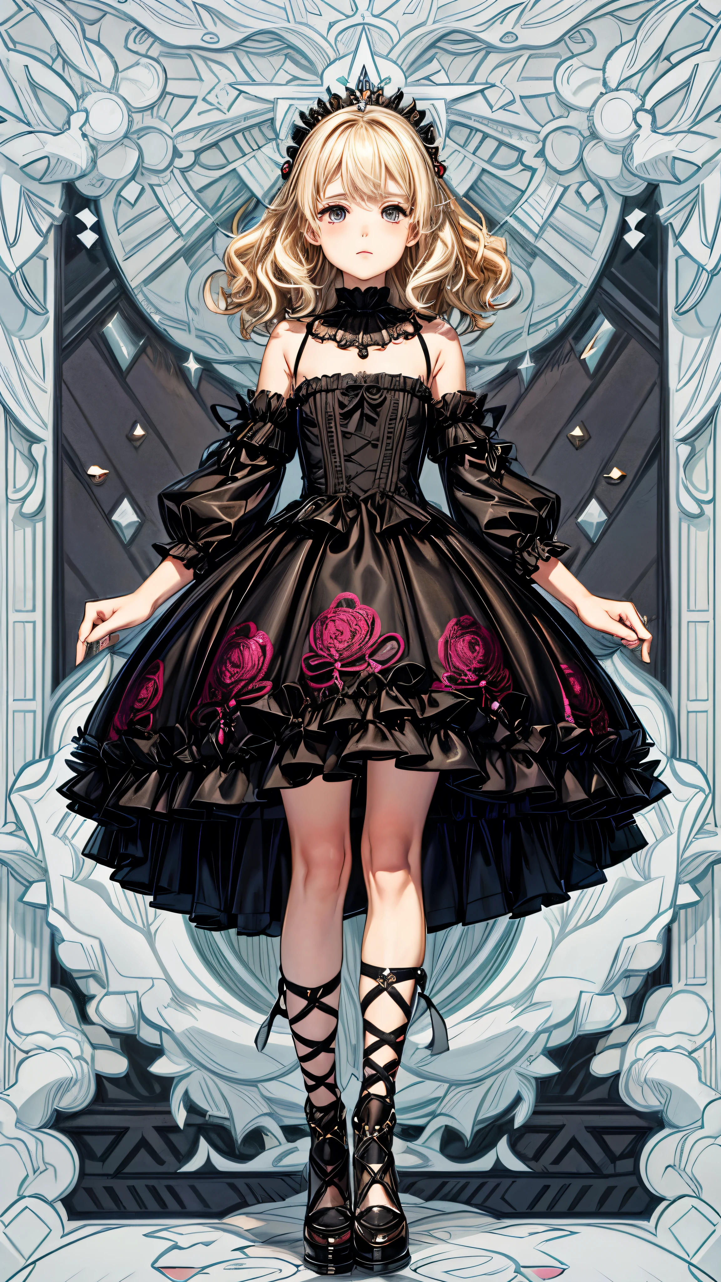 Sophia, the Middle Sister Physical Description:
Sophia is an intriguing figure with blonde hair in a Chanel style., voluminous and wavy, that fall just above the shoulders. she has 1,67 meters high, a slightly round face, rosy cheeks, a discreet nose, and a simple mouth. His green, almost brown eyes reveal a cunning depth..
Clothing:
She dresses in a gothic lolita style, with clothes richly decorated with ruffles and embroidery. Your dresses and skirts, in calm tones like pink, red and violet, reach just below the knees, and are combined with black low-heeled pumps (about 3cm) and white socks.
Personalidade:
Despite her sweet and graceful appearance, Sophia is the most insidious and dangerous of the five sisters. She uses her delicate image as a weapon, deceiving everyone around you. His true character is cold and calculating, capable of causing chaos with a soft smile on his lips.
Scenario:
Place Sophia in a scenario of civil chaos or public disorder, like a city in ruins, where the contrast between his appearance and the environment around him highlights his dangerous nature.