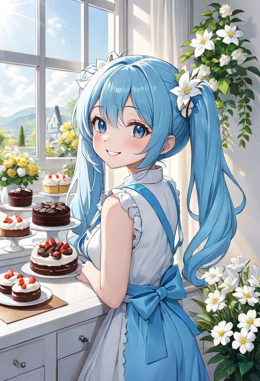 Light blue long hair、Beautiful girl with twin tails、A very bright smile、Cookies and chocolate、There are lots of cakes lined up、A bright, sunny room、A room decorated with white flowers、White flowers on the windowsill、Outside the window、Flower Garden