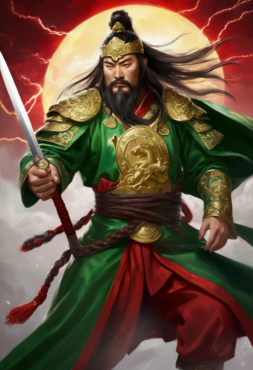 Guan Yu rode a red horse，Wearing a green robe，Wielding the Seki knife，character splash art，Lightning is all around。