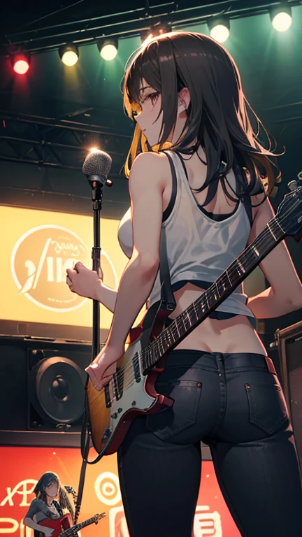 (detailed face), high details, high quality, best quality, masterpiece, Ultra-realism, Detailed and clear depiction, ((Two guitarists playing back to back at a live venue)), two guitarists, Electric guitar, rock band, colorful lights, enthusiasm, (Black hair, long hair, tank top, leather pants), (Blonde, short hair, frayed denim jacket, T-shirt)