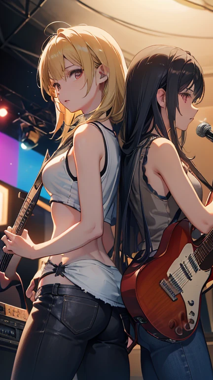 (detailed face), high details, high quality, best quality, masterpiece, Ultra-realism, Detailed and clear depiction, ((Two guitarists playing back to back at a live venue)), two guitarists, Electric guitar, rock band, colorful lights, enthusiasm, (Black hair, long hair, tank top, leather pants), (Blonde, short hair, frayed denim jacket, T-shirt)