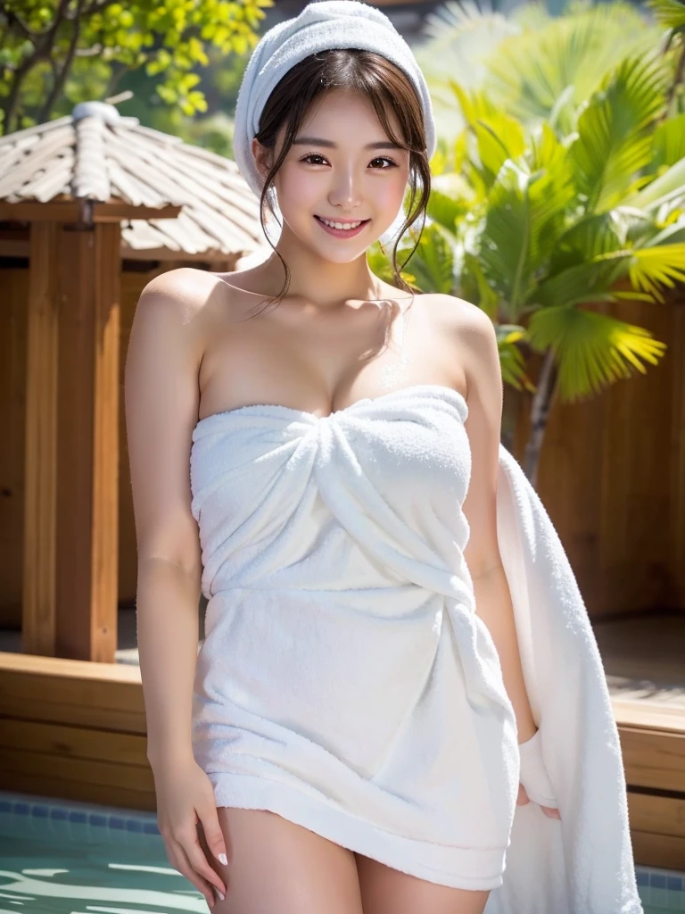 best quality, 8k, very delicate and beautiful, highly detailed face and skin texture, shiny skin, high resolution, cute japanese girl in white towel wrap smile in hot spring, sharp focus