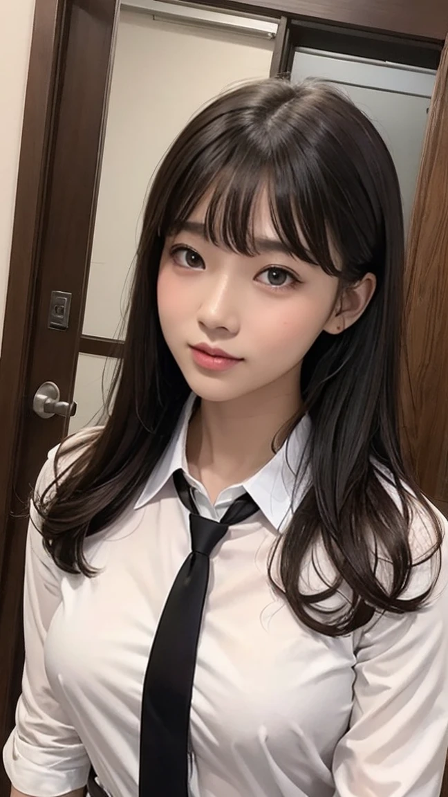 masterpiece, Highest quality, Very detailed, shape, Great lighting, Structure of the film, Isoscale, One Girl, alone, cute, Brown eyes, Black Hair, Swept-apart bangs, one side lock, Red Hair Clip, White collared shirt, Black tie, Black Mini Skirt, formal, Captivating Gaze, Seductive pose, indoors, office, door, opening door, View your audience, Show one&#39;Upper Body, blush, Captivating smile, Mouth closed,(8k:1.1),