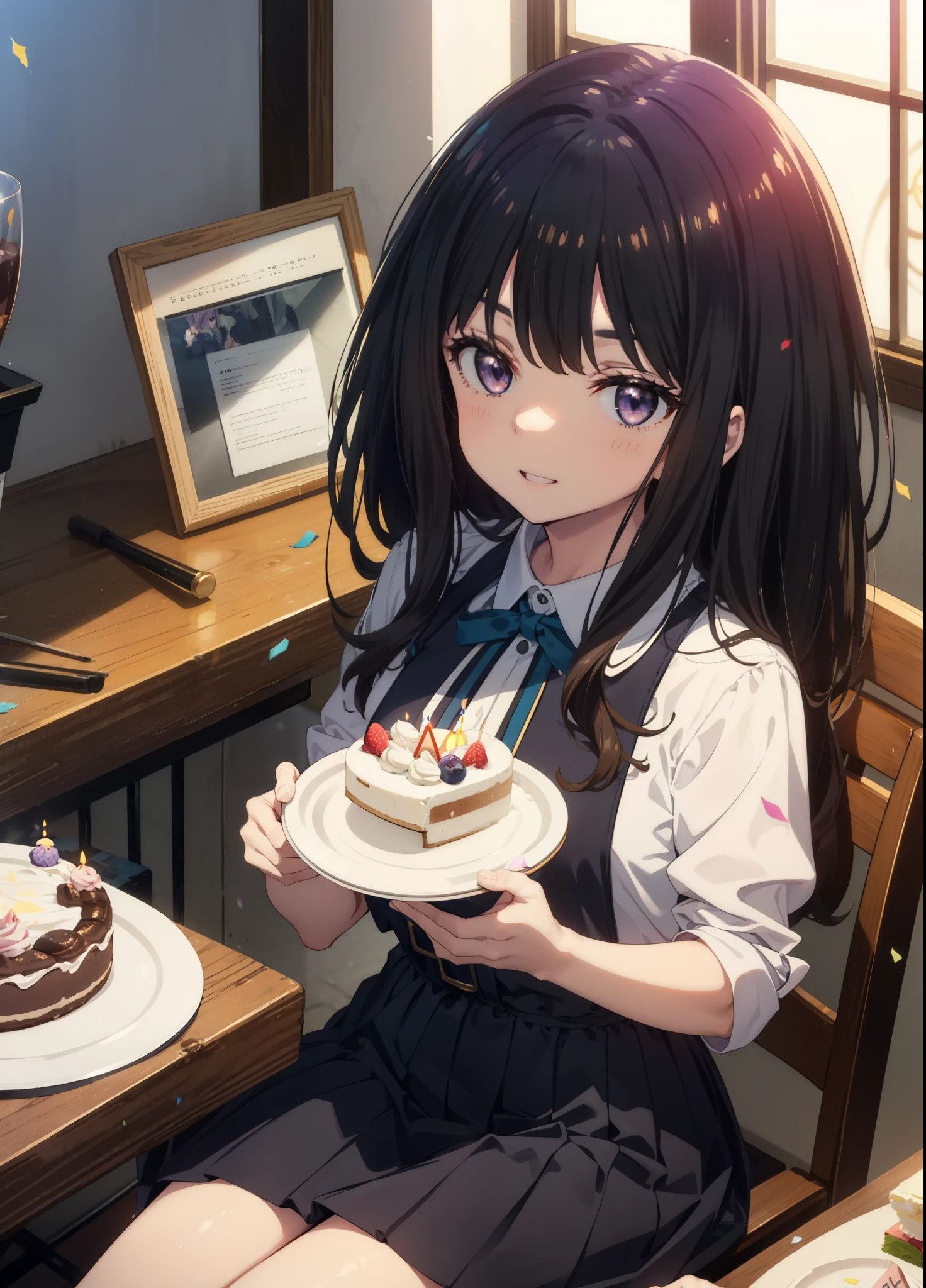 Takiuchikami, Long Hair, bangs, Black Hair, (Purple eyes:1.2),
smile,blush,Please open your mouth wide,Blue sleeveless dress,Long skirt,Stiletto heels,Birthday cake with lit candles,Sitting in a chair,
,There is a round birthday cake on the desk..,Confetti,cracker,whole bodyがイラストに入るように,peace sign,
break indoors, venue,
break looking at viewer, whole body, (Cowboy Shot:1. 5)
break (masterpiece:1.2), Highest quality, High resolution, unity 8k wallpaper, (shape:0.8), (Beautiful attention to detail:1.6), Highly detailed face, Perfect lighting, Extremely detailed CG, (Perfect hands, Perfect Anatomy),