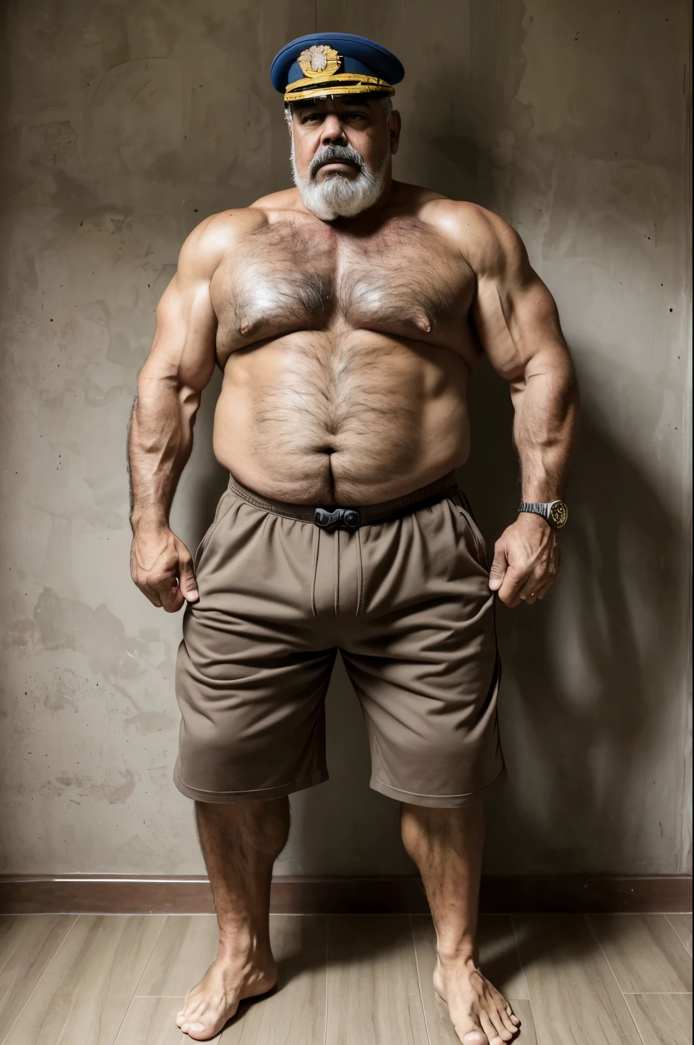 full body portrait, mature old man, silverdad, grandpa, virile, tough, stocky, meaty, plump, massive feet, (hairy), bulging dickprint, barefoot, standing, intricate details, nicolas maduro, venezuela military dictator