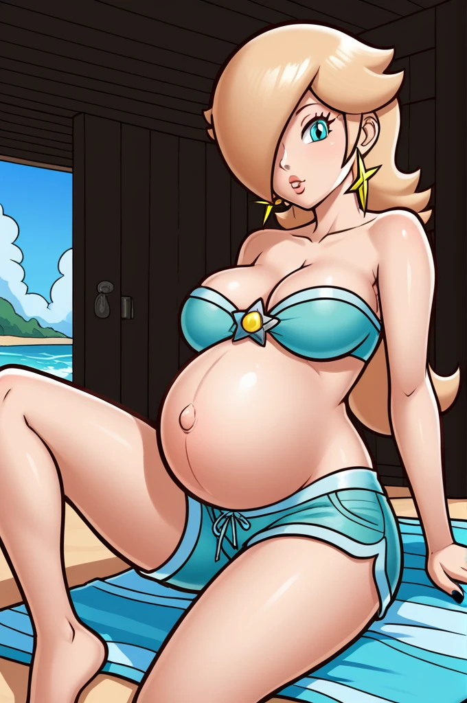 score_9, score_8_up, 1girl, solo, rosalina, style parody, thick outlines, bikini, shorts, pregnant belly, big belly, sleeveless, strapless, cleavage, indoors, beach, black nails, complete body, perfect, blue nails,