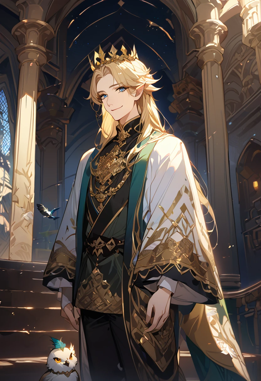 masterpiece, best quality, 8k ,4k , 1male, elf King, Golden Blond, Blue greenish eyes, gold wreath crown, hair ornament, long hair, finely detailed eyes and detailed face, looking at viewer, black sleeveless, half robe, patterned clothes, gold embroidery clothes, meticulous clothes, mature clothe, majestic looks, smiling gently, small bird, full body, inspired by Asukaziye artist : ask, art style : ask
