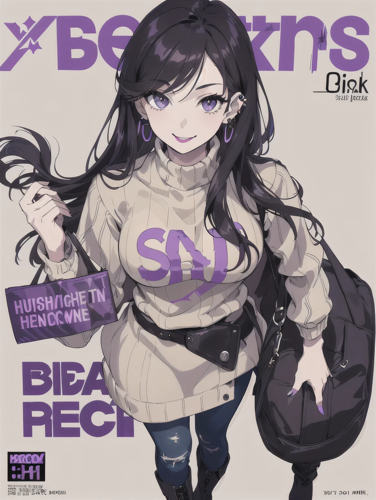 masterpiece,(best quality),(1girl),(solo),(high contrast:1.2),(high saturation:1.2), (woman in her 30's) (purple and beige theme:1.3),(dark black hair with purple highlights),(waist length hair), (straight hair), (hair locks),(hair covering part of face),(medium chest),(dark brown eyes),(eye shadow)(walking:1.3),full body,(from above:1.2),(beige sweater:1.2),(flowing skirt),(black jeans),(boots),(lipstick), (ear rings),(purse),(smile), (drinking soda) (magazine:1.3), (cover-style:1.3), fashionable, woman, vibrant, outfit, posing, front, colorful, dynamic, background, elements, confident, expression, holding, statement, accessory, majestic, coiled, around, touch, scene, text, cover, bold, attention-grabbing, title, stylish, font, catchy, headline, larger, striking, modern, trendy, focus, fashion,