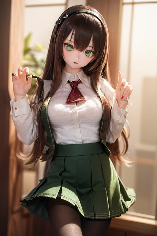 (SFW:2), photorealistic, realistic photo, 8k, ((highest quality)), ((masterpiece)), (extremely detailed), kukolnydom, doll, (mature woman, 21yo, 21 years old, solo:1.6), ((cowboy shot, head tilt, waving, slim, slender, skinny, medium breasts, hairband, ascot, vest, blouse, long puff sleeves, pleated skirt, black pantyhose)), (green eyes, brown hair, long hair, plastic skin, looking at another, glass eyes, gradient eyes, shining eyes, detailed eyes:1.3)