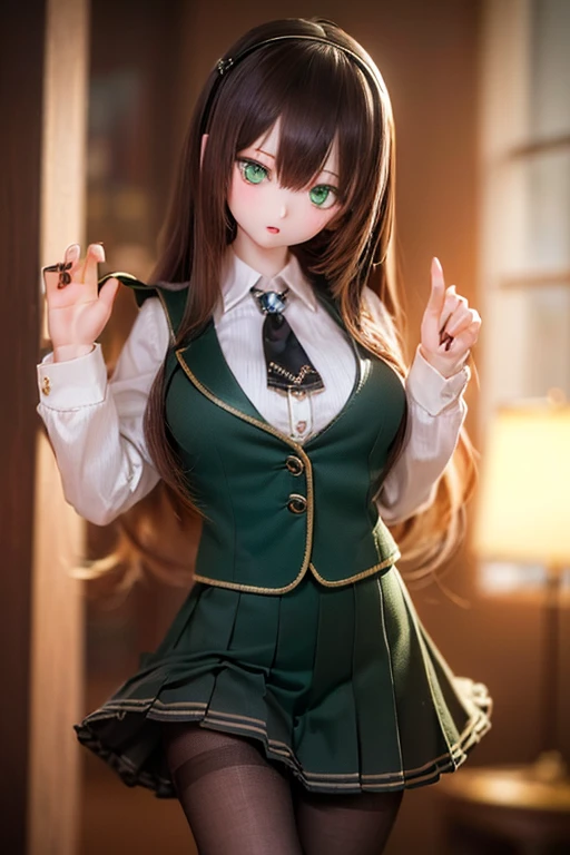(SFW:2), photorealistic, realistic photo, 8k, ((highest quality)), ((masterpiece)), (extremely detailed), kukolnydom, doll, (mature woman, 21yo, 21 years old, solo:1.6), ((cowboy shot, head tilt, waving, slim, slender, skinny, medium breasts, hairband, ascot, vest, blouse, long puff sleeves, pleated skirt, black pantyhose)), (green eyes, brown hair, long hair, plastic skin, looking at another, glass eyes, gradient eyes, shining eyes, detailed eyes:1.3)