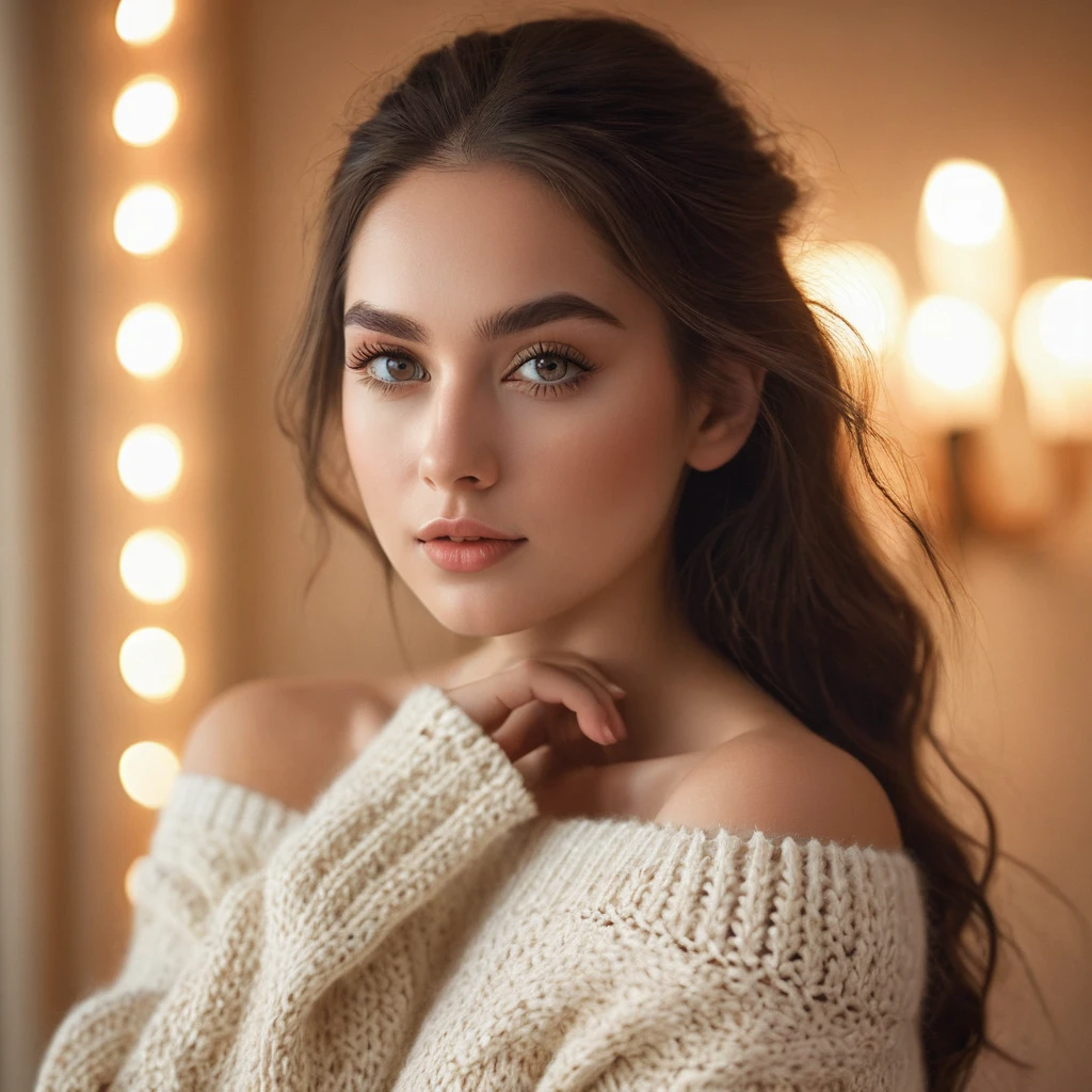 a beautiful brunette girl wearing an off-shoulder sweater in off-white, detailed face and eyes, long eyelashes, serene expression, intricate knitted sweater, soft lighting, warm colors, photograph, highly detailed, cinematic, photorealistic, 8k, masterpiece