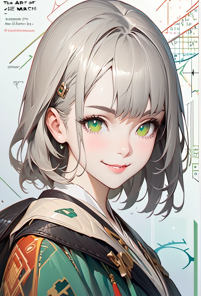Masterpiece Portrait of Smiling, Caustics, High resolution illustration, green eyes, feminine,, grey hair,, Shadow flat illustration, The art of math, Popular topics on ArtStation, Very detailed, fine details, complex,
