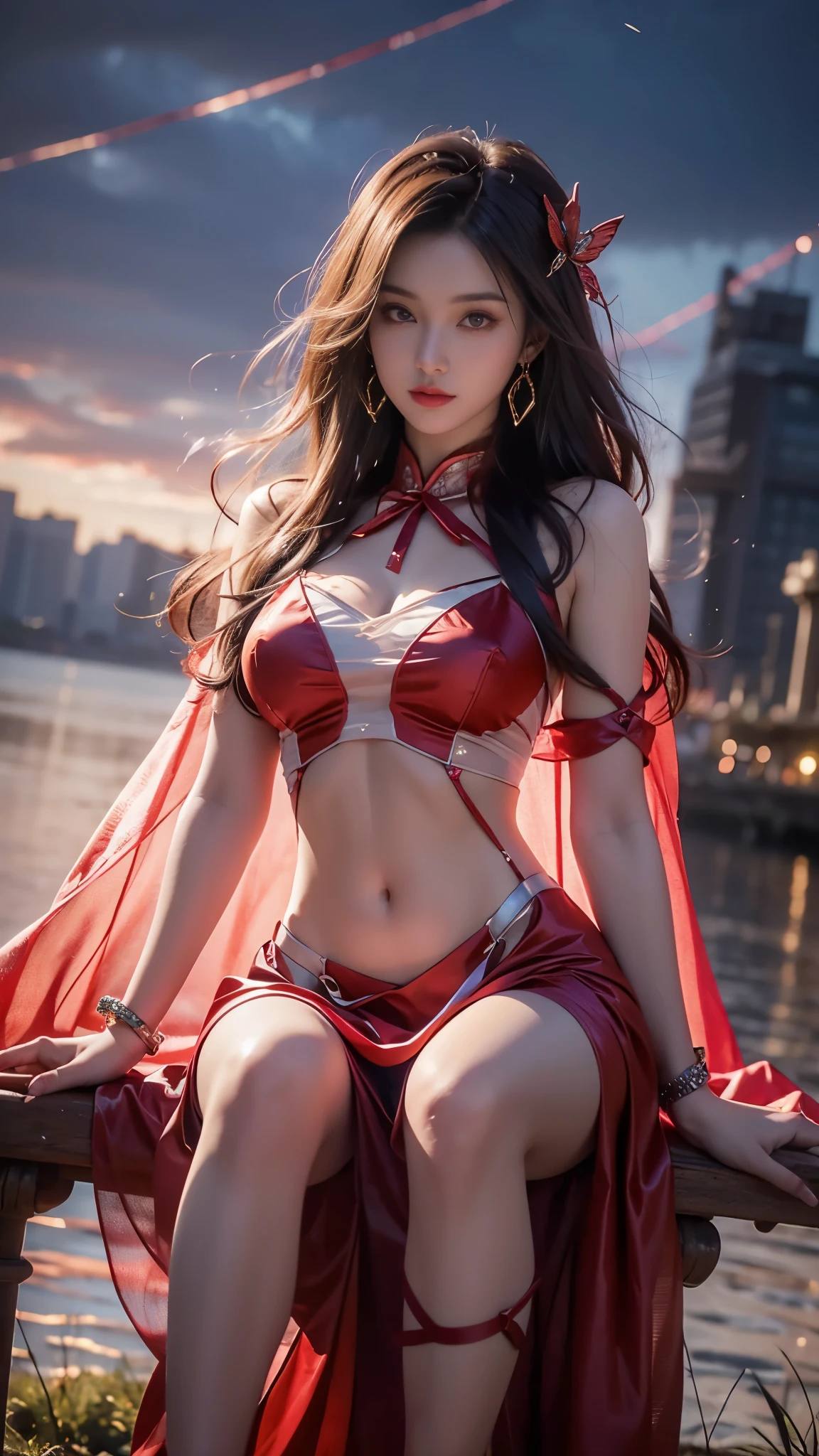 8K, ultra hd, masterpiece, hd colors, 1 girl, perfect face, very long curly hair, detailed eyes, detailed dress, ((red anddress)), stocking, flower lace, ((mesh ribbon)), sardine, straps, net clothing, loops, ((flowing cape)), bare navel, jwellery, waterside, Realistic scenery, epic scenery, sun rising, night, clouds, Butterfly, blossom, blowing wind, perfect pose, ray tracing, bloom, upper body, sitting,