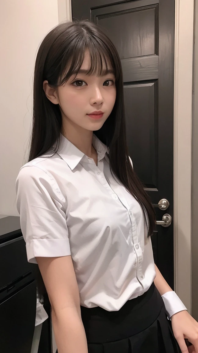 masterpiece, Highest quality, Very detailed, shape, Great lighting, Structure of the film, Isoscale, One Girl, alone, cute, Brown eyes, Black Hair, Swept-apart bangs, one side lock, Red Hair Clip, White collared shirt, Black tie, Black Mini Skirt, formal, Captivating Gaze, Seductive pose, indoors, office, door, opening door, View your audience, Show one&#39;Upper Body, blush, Captivating smile, Mouth closed,(8k:1.1),