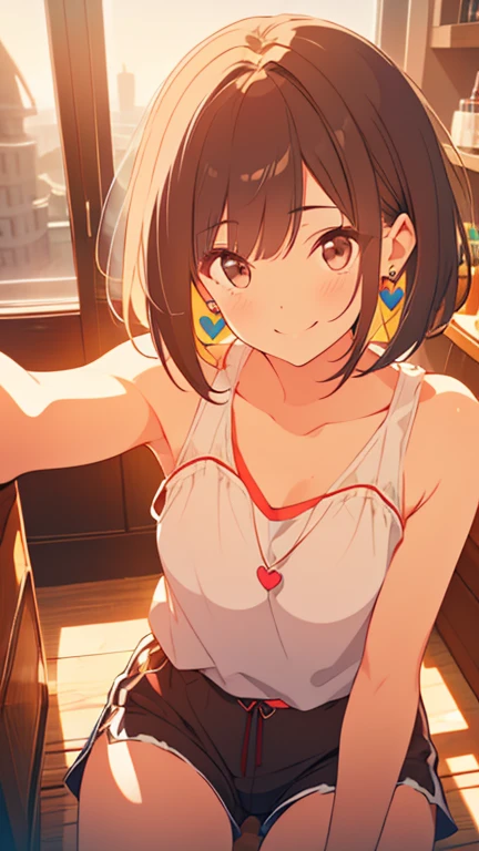 brown hair, hair behind ear, bob cut, heart earrings, smile, pov, ccurate, textured skin, best quality, HD, super detail, Midsummer, black sleeveless, shorts, sneakers