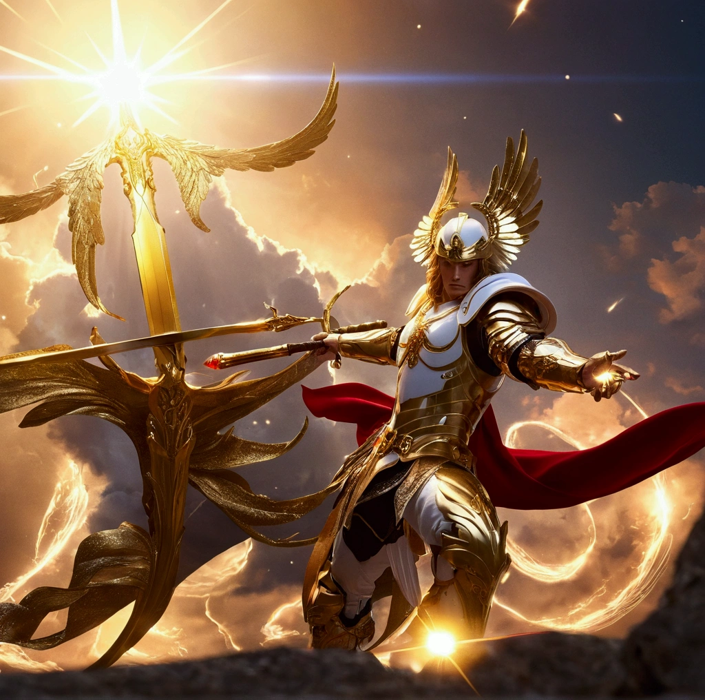 ((1 men anjo)), Archangel Gabriel, ((1 men)), glowing light eyes, Biomechanicals, Beauty Face, the God of angels, with a sparkling sword in his hands, Angel of justice , The most beautiful of angels, very bright colors, light particles, with bright light, Mshiff, Wallpaper Art, UHD Wallpaper, inspirado no Archangel Gabriel, Golden armor and red cape, wavy long hair