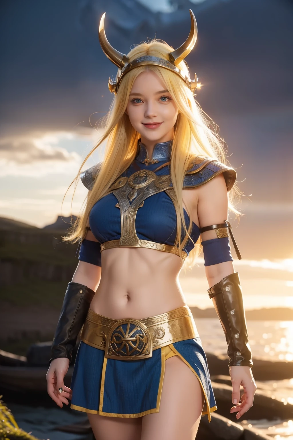Cute girl, Viking, yellow hair, blue eyes, big breasts, short skirt, exposed stomach, smile, Viking helmet, Viking clothes, Viking skirt