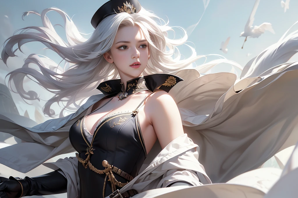 (masterpiece, best quality,ultra detailed,realistic,dutch angle).(1 girl, solo focus),(small breasts, short hair, white hair),(army uniform, open front, cleavage, Exposed abdomen, heavy armed girl),(floating hair, wind).(outdoors)