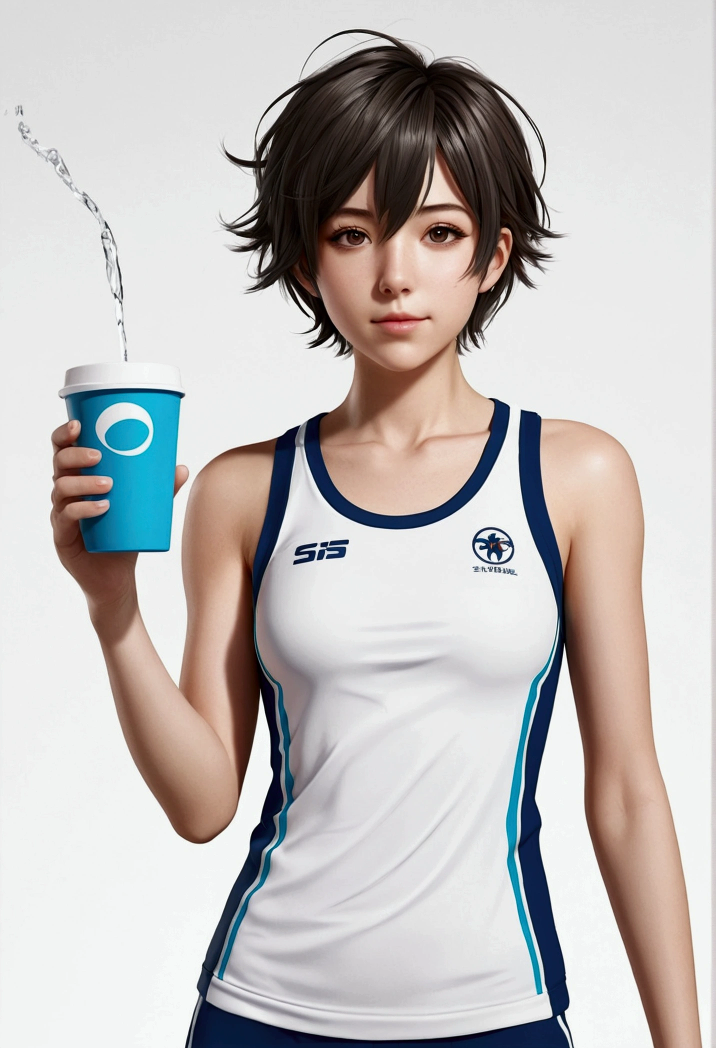 anime style, 1 boy, full body lesbian, modern, detailed short hair, Cup, sportswear，cheerfulness， White background,  fashion,the meaning of science and technology the girl has sperm on her face