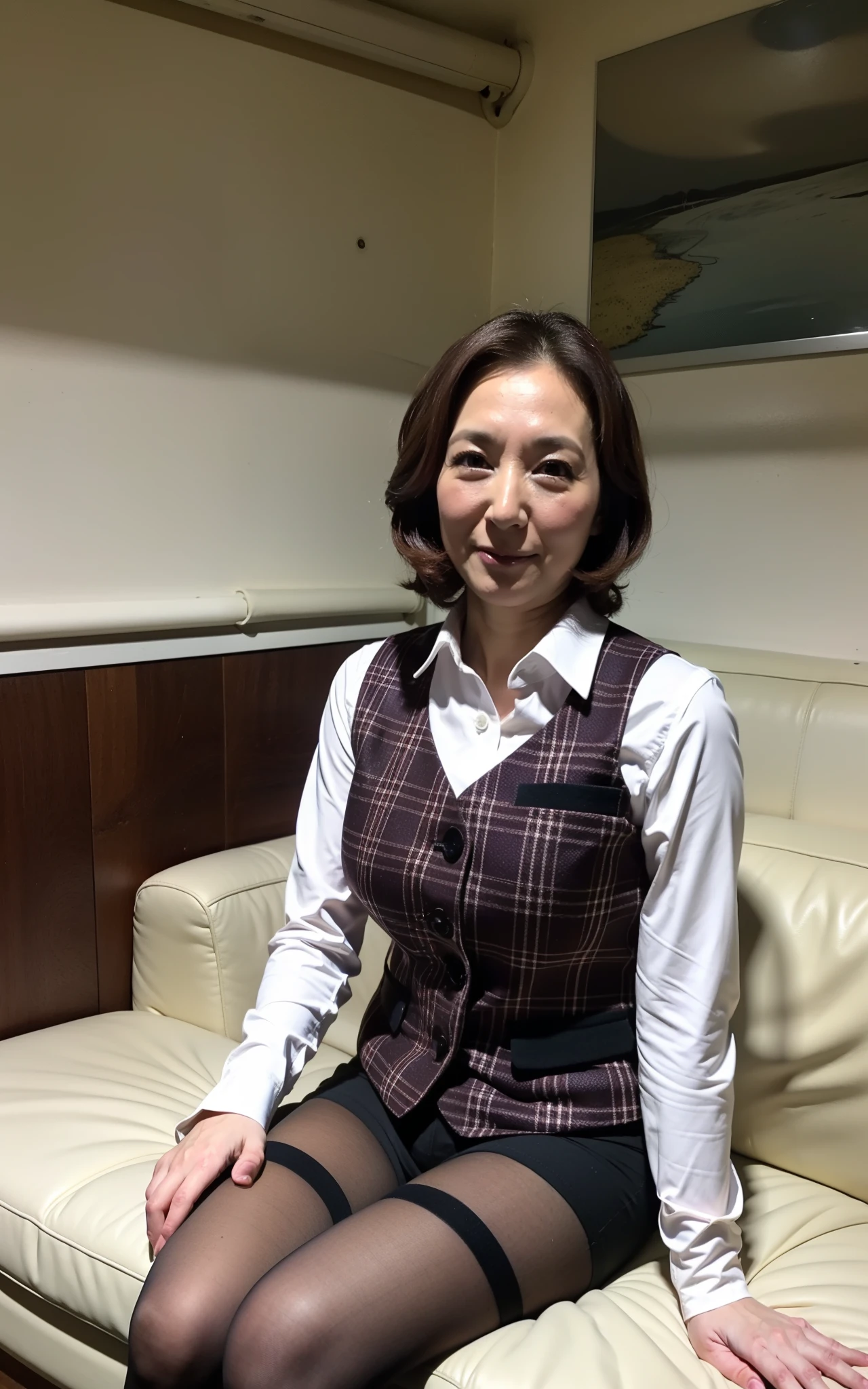 (RAW photo:1.2), (Photoreal), (genuine:1.4),１milf, perfect anatomy, 40 years old, look at the viewer, medium hair, Plaid vest, ((sit on the leather coach:1.0)), (super realistic laced pantyhose:1.2), (business services), indoor