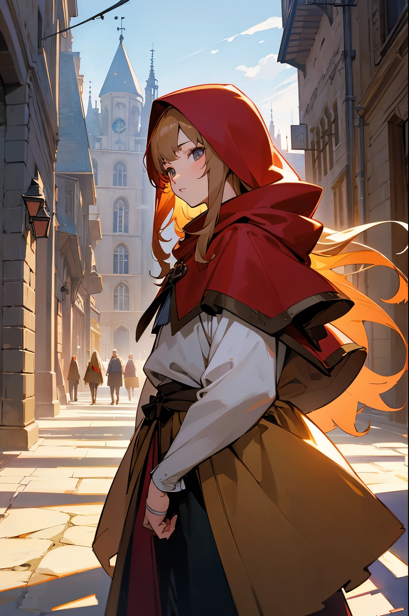 anime illustration、High resolution、serious 15 year old、golden perm hair with red hood、medieval french city at dusk、crowd of shadows、Ghibli