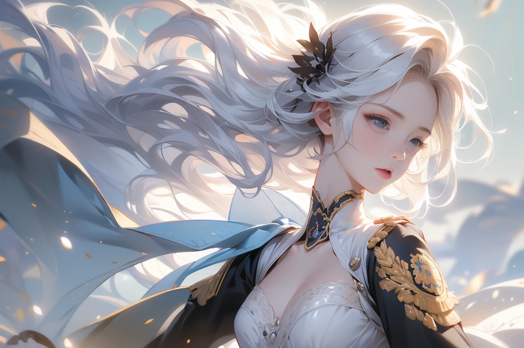(masterpiece, best quality,ultra detailed,realistic,dutch angle).(1 girl, solo focus),(small breasts, short hair, white hair),(army uniform, open front, cleavage, Exposed abdomen, heavy armed girl),(floating hair, wind).(outdoors)