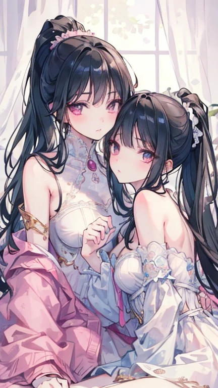 ((best quality)), ((masterpiece)), (detailed), perfect face, beautiful face, best quality, ultra high resnatural light, shiny skin, detailed skin, detailed face, detailed eyes, Two girls looking at each other, a girl with long black hair and a girl with a pink ponytail, cuddling