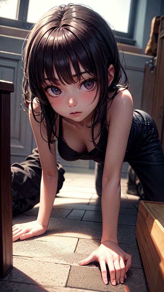 A beautiful girl crawling towards camera