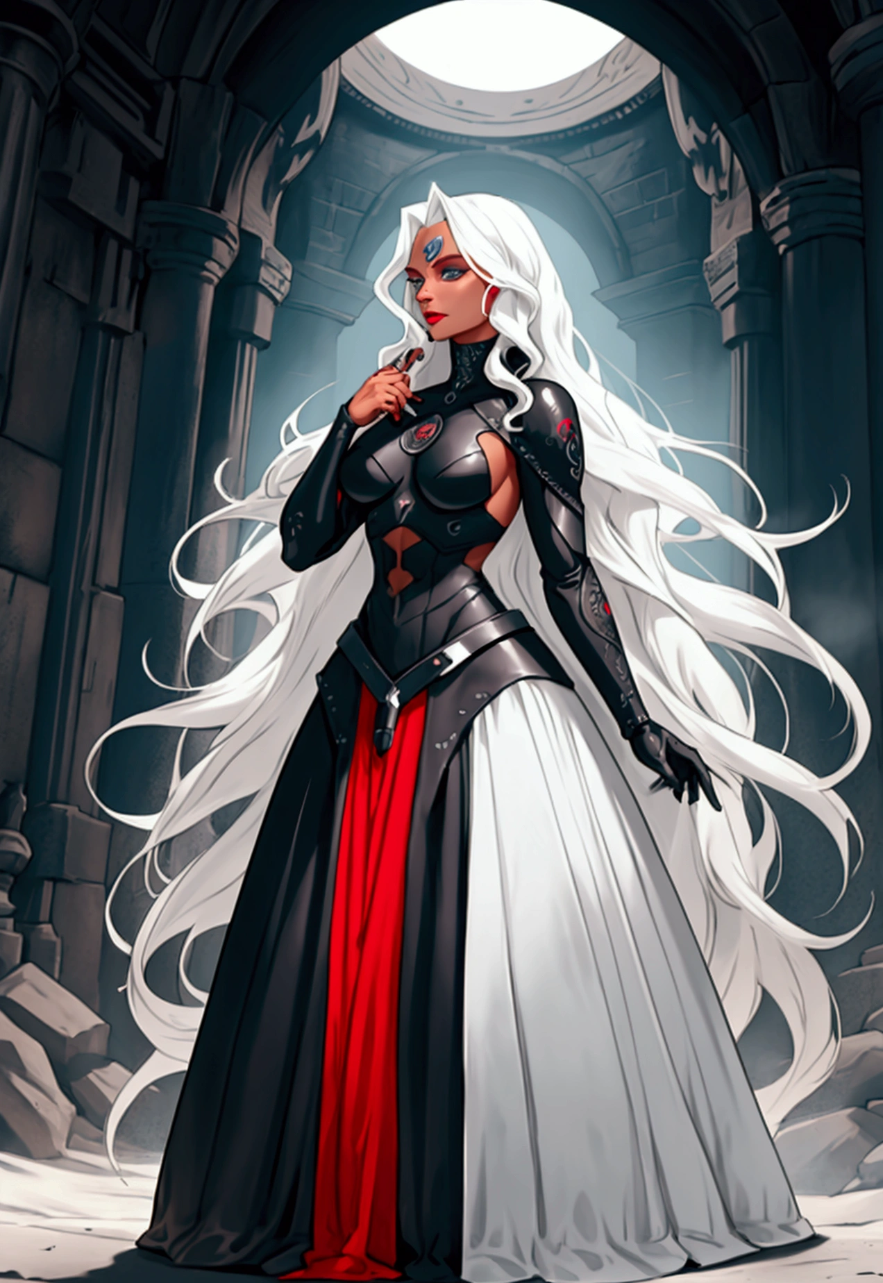 Hole body, black clothing, Futuristic drag queen clothing ideas, futuristic goth, black clothing, tan lattin skin, ultra detailed, long curly white hair, sculpture hair, medieval, targaryen, dragon's cave, pose, blak and red