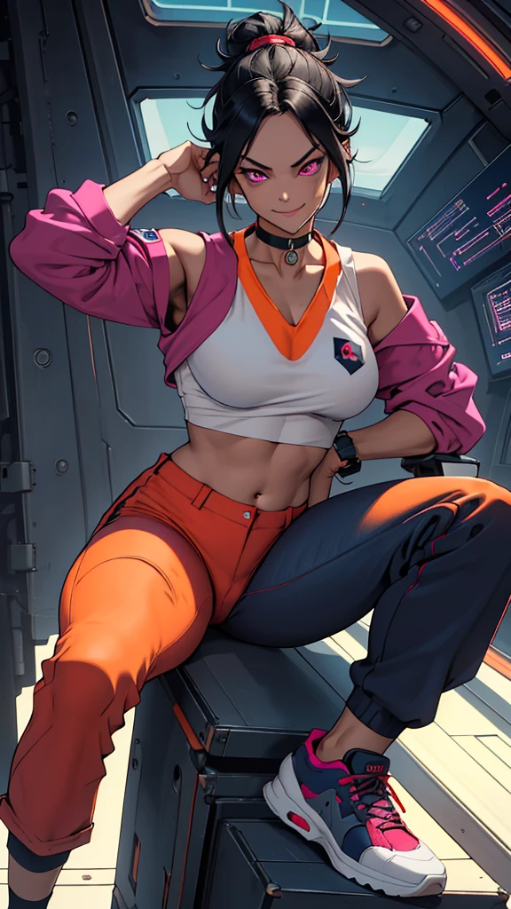 masterpiece, best quality, highres, ((fit waifu:1.3)), plump medium breasts, tan girl, magenta eyes, black hair, (black choker), (orange croptop), (Navy blue pants), (form fitted cyber shoes), resting inside a cybernetic ship cockpit with mischievous smirk.