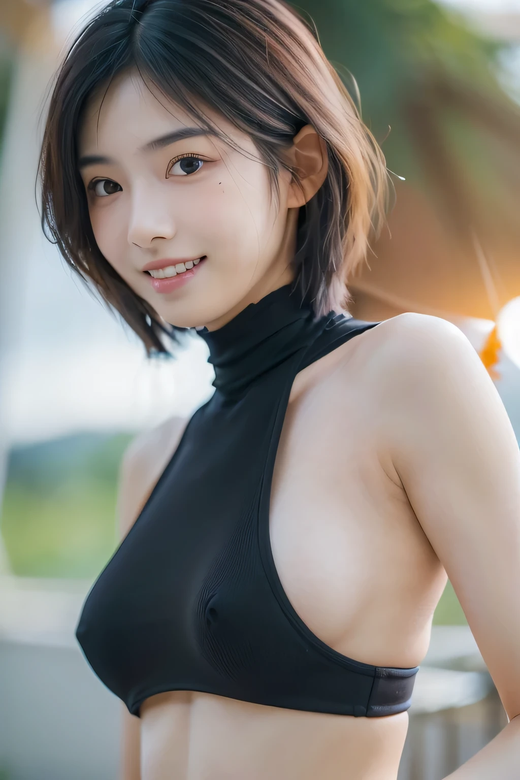 (Hyper Reality: 1.35), (Realistic: 1.4), A beautiful Japanese woman, smile, alone. masterpiece, 最high quality, high quality, alone, Very good, Latin, puberty, Only one girl, Well-trained, muscular, (((Slender figure)), ((slim body)), ((最high quality)),((Hello)),((Very delicate and beautiful)),((Very shallow depth of field)), Hmph,((Incredibly shallow depth of field)). family friendly)), (((Very delicate and beautiful)), (((Very shallow depth of field))), Hmph, (((Unbelievably absurd))), (((Black Hair )), (((Shortcuts))), (((Bob Hair))), ((( Camera Eye)))), (((small ))), (((smile))), poor, my + background, Dynamic Angle, Focus on women, {Particles of light}, Detailed background, Soft lighting, (dramatic) sunset, very beautiful sunset, Live Action, Realistic, (blurred background), (()),, (((wind:1.5))), ((Movement)), ((emotion)), ((colorful)), ((Baby Face)),ful Teeth)), Wither, Summer resort background, No makeup, full body, high neck, Sleeveless, latex, turtleneck,(((underboob))), (((sideboob))) , Very fair skin,