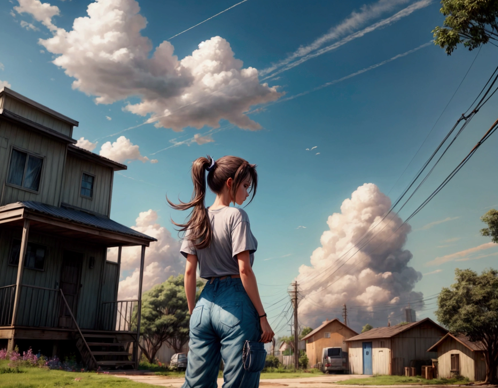 day,shirt,standing,utility pole,sky,scenery,power lines,plant,flower,solo,outdoors,ponytail,from behind,tree,house,blue sky,hose,1girl,building,pants rolled up,long hair,pants,cloud,grass,capri pants,brown hair,