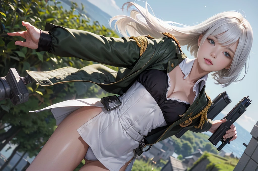 (masterpiece, best quality,ultra detailed,realistic,dutch angle).(1 girl, solo focus),(small breasts, short hair, white hair),(army uniform, open front, cleavage, Exposed abdomen, heavy armed girl),(floating hair, wind).(outdoors)