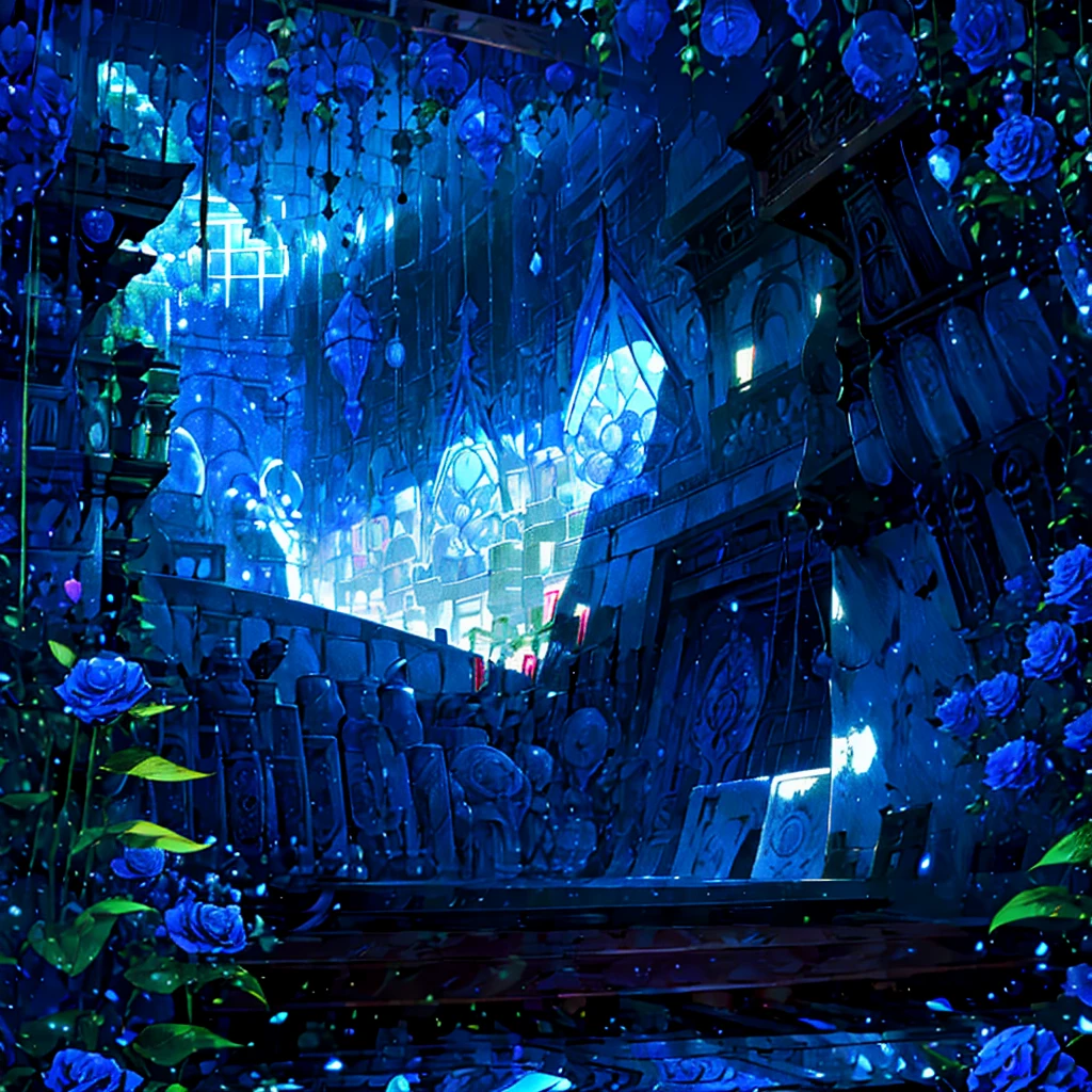 alchemy laboratory, color books, mercury, a large tree with rainbow leaves in the center of the laboratory, fruit shaped like an apple and roses, many flowers, plants, vines and blue fruits hanging on the walls, giant greenhouse.