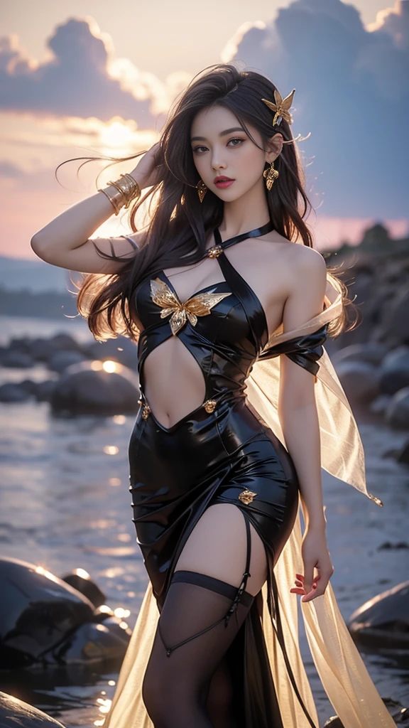 8K, ultra hd, masterpiece, hd colors, 1 girl, perfect face, very long curly hair, detailed eyes, detailed dress, ((golden and black anddress)), stocking, flower lace, ((mesh ribbon)), sardine, straps, net clothing, loops, ((flowing cape)), bare navel, jwellery, waterside, Realistic scenery, epic scenery, sun rising, night, clouds, Butterfly, blossom, blowing wind, perfect pose, ray tracing, bloom, upper body,