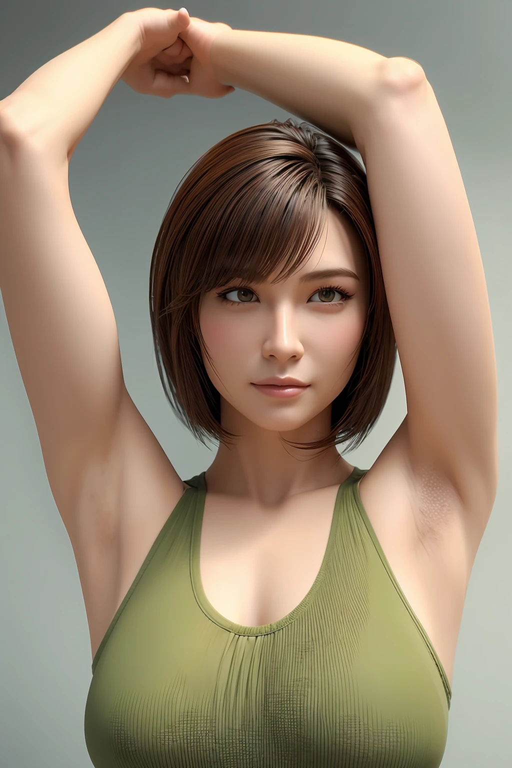 masterpiece, high quality, anatomically correct, mature woman, tank top, bristles hairy armpits, arms behind head, upper body, bob cut, game CG,