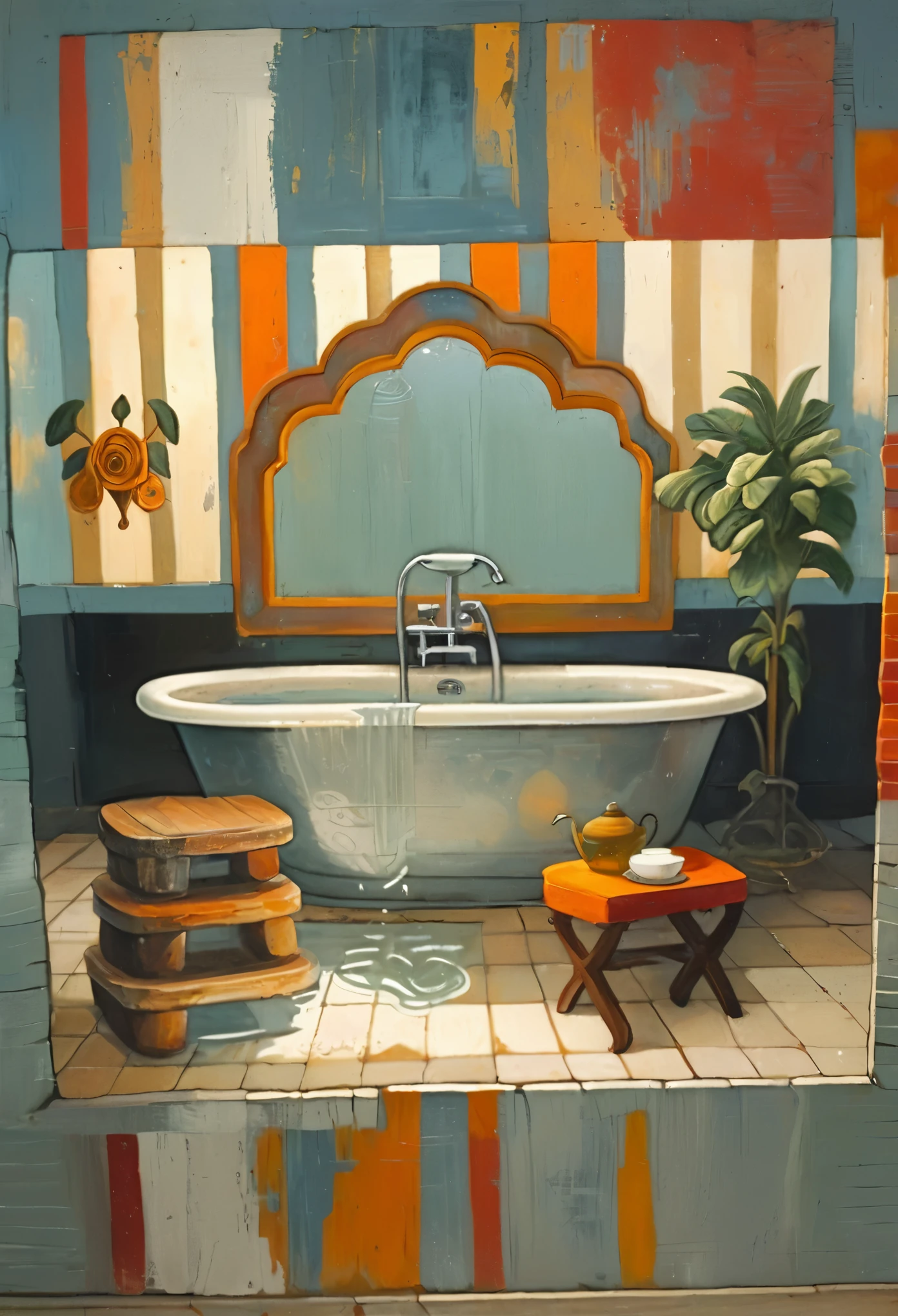 painting of a hot tub with a mirror and a chair in a room, rich details details, inside a frame on a tiled wall, waterway square tiled room, detailed matte painting, brilliant detail, detailed painting, vignette, hot tub, 3 d oil painting, inspired by Fra Filippo Lippi, detailed painting a óleo sobre tela, exquisite rendering, beautiful miniature detailed view of Eduardo kobra and ROMERO Brito in 532k.