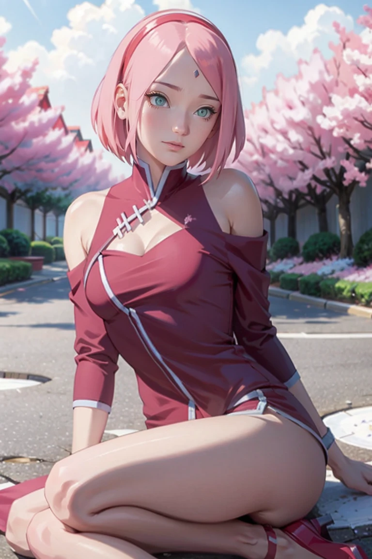 tmasterpiece， Best quality at best， 1girl， Sakura Haruno， small breasts，Off-the-shoulder attire，（cleavage)，（upperbody)，Raised sexy，is shy，ssmile，with pink hair，short hair， （Green eyeballs:1.4)， Forehead protection， the cherry trees，Cherry blossoms flying，Red clothes，Zipper half, sitting on the ground