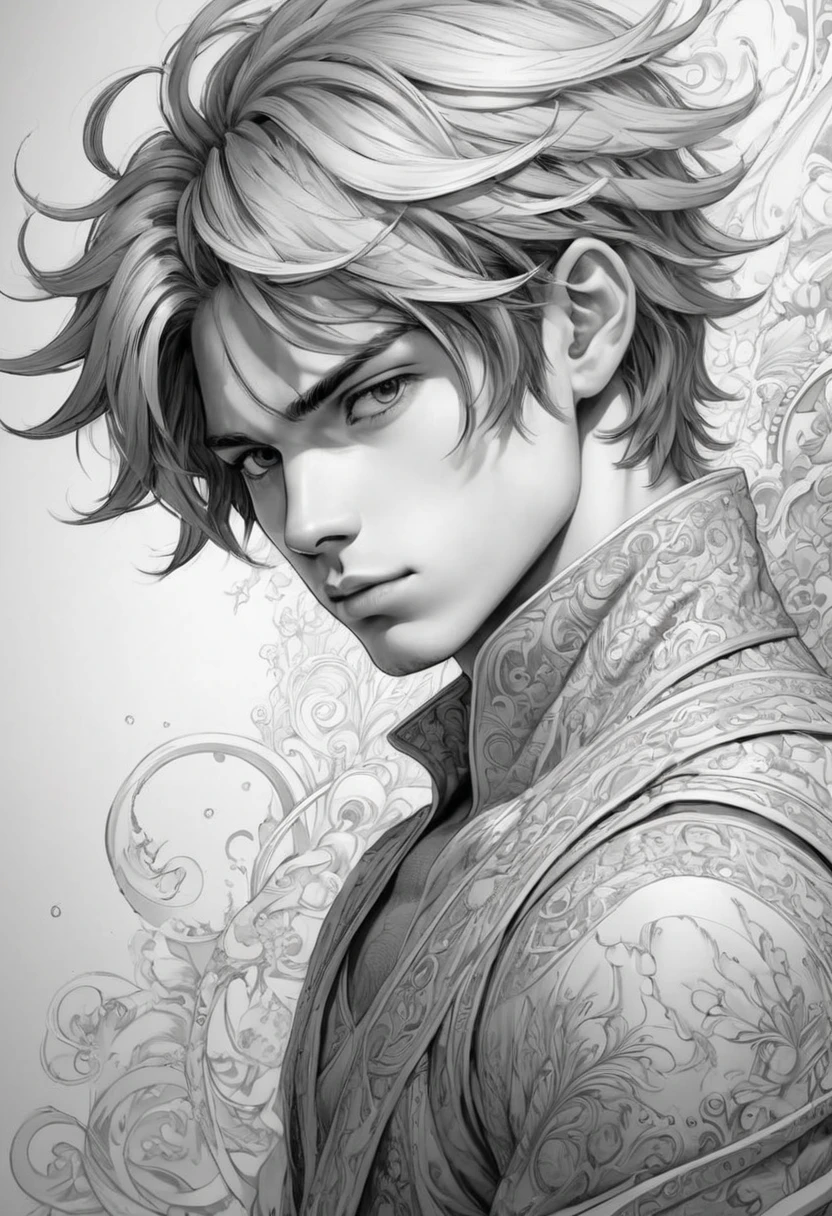 Anime Line Art, By Lois Van Baarle, Highest quality, masterpiece, male,beautiful,Perfect composition, Intricate details, Very detailed