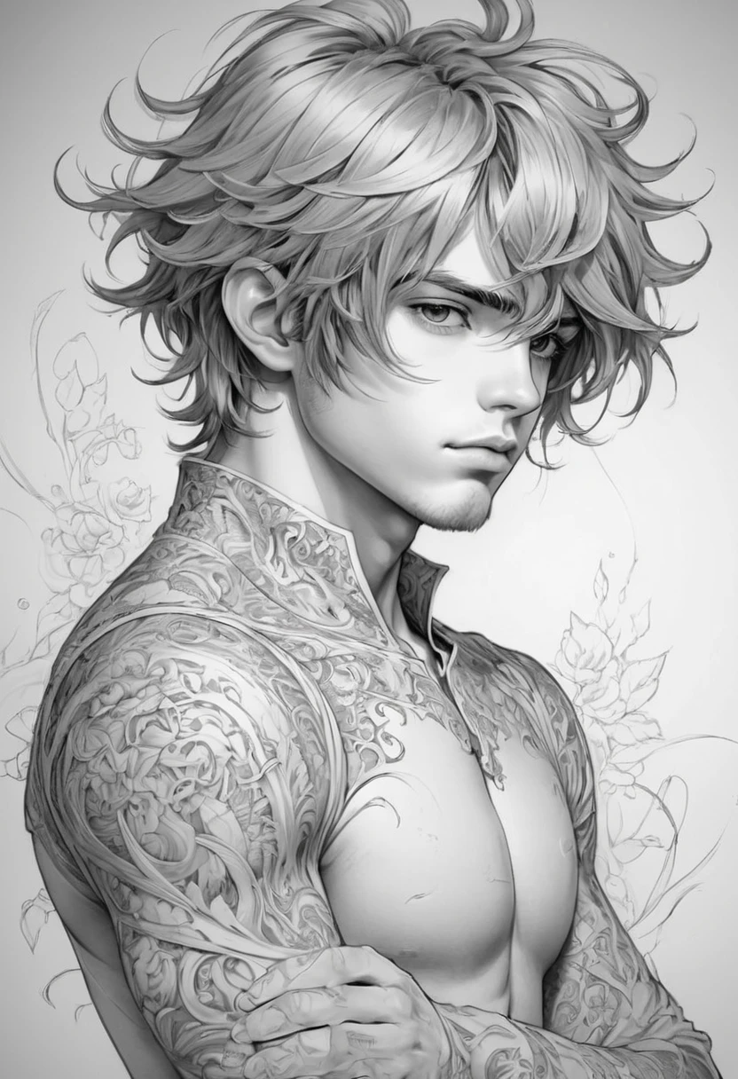 Anime Line Art, By Lois Van Baarle, Highest quality, masterpiece, male,beautiful,Perfect composition, Intricate details, Very detailed